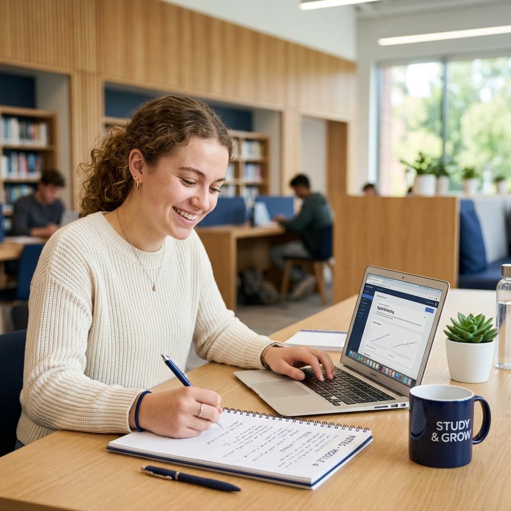 Student studying comfortably with laptop and study materials